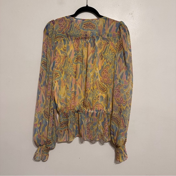 Ramy Brook Evie Paisley Print Tie Front Peplum Sheer Sleeve Blouse Yellow Small - Picture 5 of 5
